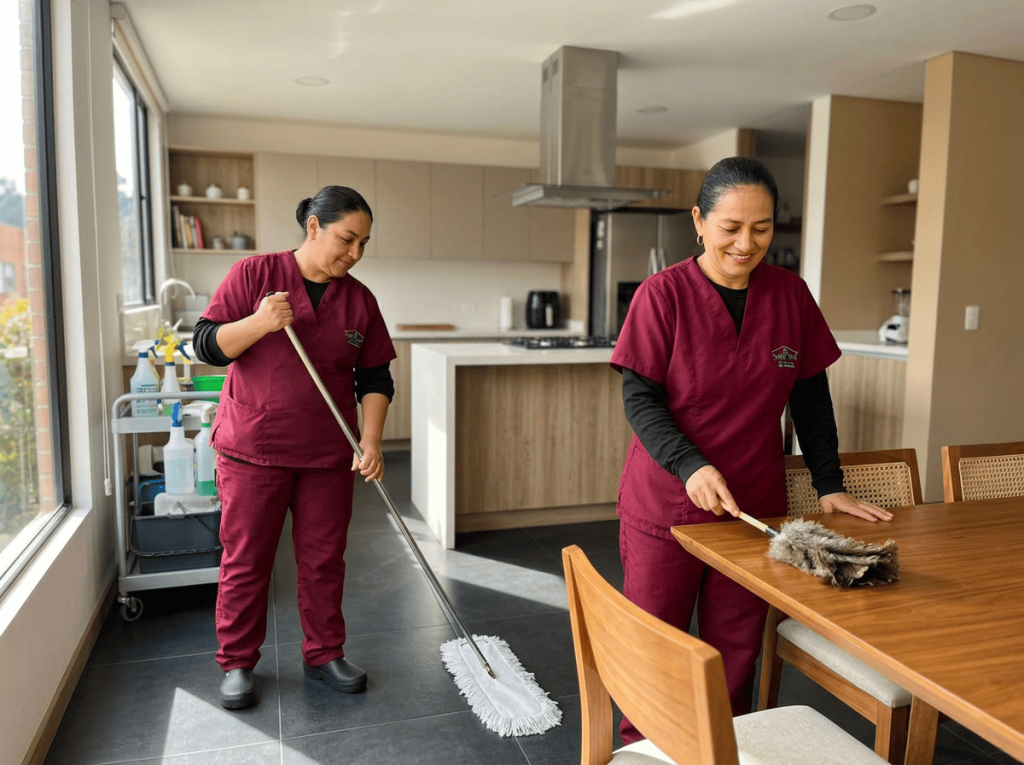 Dos profesionales de Sweet Home Service Colombia con uniforme vinotinto realizando labores de limpieza en una casa, en un ambiente moderno, ordenado y bien iluminado, con actitud amable y profesional.